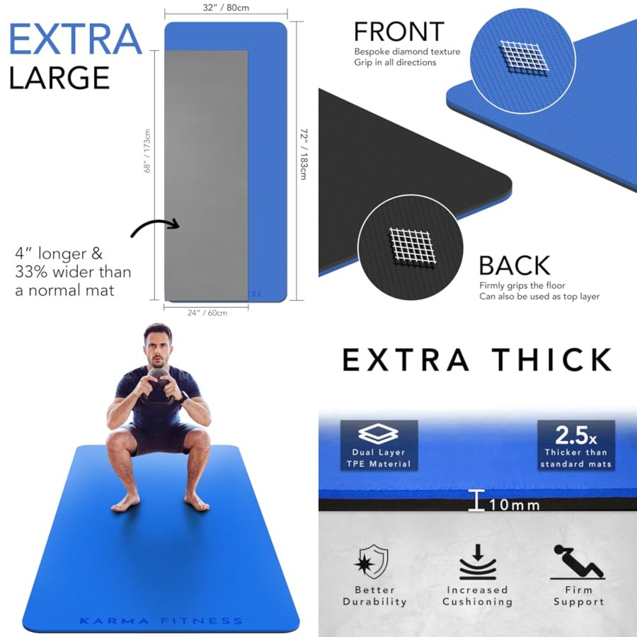 Pilates Yoga Hiit - Large Exercise Mat Extra Thick 10mm
